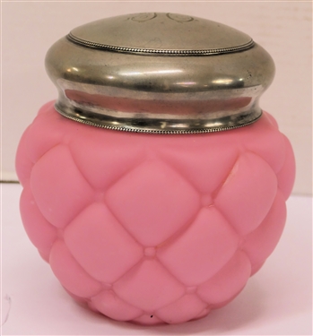 Larger Consolidated Glass Pink Satin Glass Quilted Dresser Jar with Lid - Monogrammed H - Jar Measures 6 Tall 5 Across 
