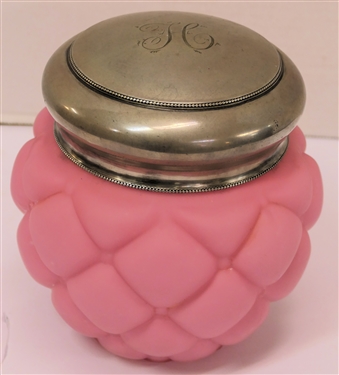 Larger Consolidated Glass Pink Satin Glass Quilted Dresser Jar with Lid - Monogrammed H - Jar Measures 6 Tall 5 Across 
