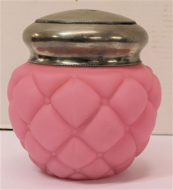 Larger Consolidated Glass Pink Satin Glass Quilted Dresser Jar with Lid - Monogrammed H - Jar Measures 6 Tall 5 Across 