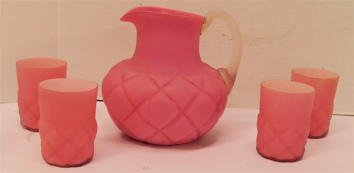 Consolidated Glass Quilted Pink Satin Glass Pitcher and 4 Tumblers -7 1/2" Pitcher with Applied Handle and 4 - 4" Tumblers - All with Small Chip Near Mold Line