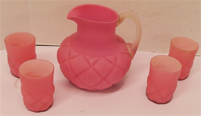 Consolidated Glass Quilted Pink Satin Glass Pitcher and 4 Tumblers -7 1/2 Pitcher with Applied Handle and 4 - 4 Tumblers - All with Small Chip Near Mold Line