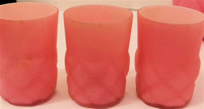 Consolidated Glass Quilted Pink Satin Glass Pitcher and 4 Tumblers -7 1/2 Pitcher with Applied Handle and 4 - 4 Tumblers - All with Small Chip Near Mold Line