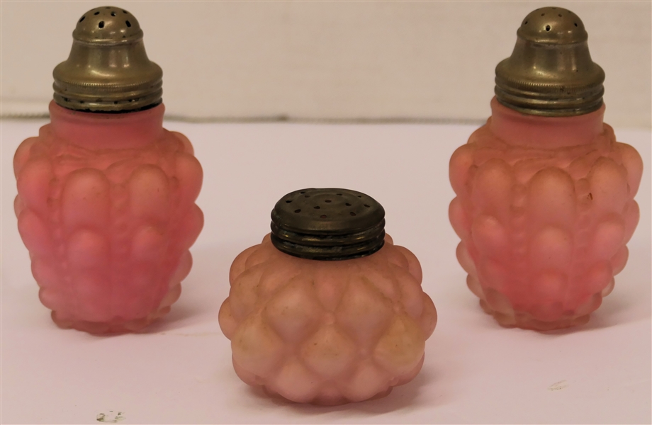 Pair of Consolidated Glass "Guttate" Pink Satin Glass Shakers and Single Pink Quilted Shaker - Pair of Shakers Measure 4" tall Single 2 1/2" 