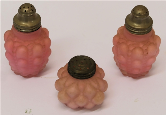 Pair of Consolidated Glass Guttate Pink Satin Glass Shakers and Single Pink Quilted Shaker - Pair of Shakers Measure 4 tall Single 2 1/2 