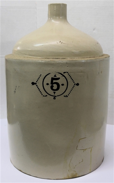 5 Gallon Stone Jug with Blue 5 - Chip on Bottom Edge 
