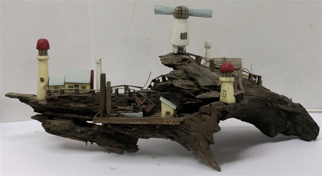 Very Cool Folk Art Drift Wood Sculpture with Hand Carved and Painted Light Houses, Fencing, and Stairs  - Measures 11" Tall 22" Long