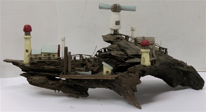 Very Cool Folk Art Drift Wood Sculpture with Hand Carved and Painted Light Houses, Fencing, and Stairs  - Measures 11 Tall 22 Long