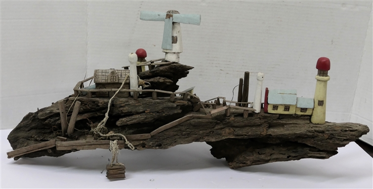 Very Cool Folk Art Drift Wood Sculpture with Hand Carved and Painted Light Houses, Fencing, and Stairs  - Measures 11 Tall 22 Long
