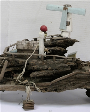 Very Cool Folk Art Drift Wood Sculpture with Hand Carved and Painted Light Houses, Fencing, and Stairs  - Measures 11 Tall 22 Long