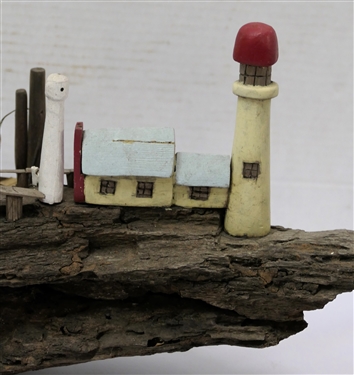 Very Cool Folk Art Drift Wood Sculpture with Hand Carved and Painted Light Houses, Fencing, and Stairs  - Measures 11 Tall 22 Long