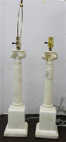 Pair of Beautiful Italian Marble Table Lamps - Carved Reeded Column Design  Lamps Measure 22 1/2" To Bulb - 1 Lamp Has Small Nick on Corner of Pedestal Base - Other is Missing Harp for Shade 