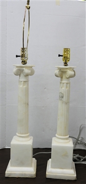 Pair of Beautiful Italian Marble Table Lamps - Carved Reeded Column Design  Lamps Measure 22 1/2 To Bulb - 1 Lamp Has Small Nick on Corner of Pedestal Base - Other is Missing Harp for Shade 