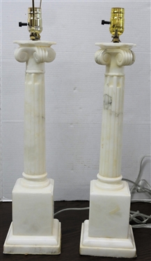 Pair of Beautiful Italian Marble Table Lamps - Carved Reeded Column Design  Lamps Measure 22 1/2 To Bulb - 1 Lamp Has Small Nick on Corner of Pedestal Base - Other is Missing Harp for Shade 