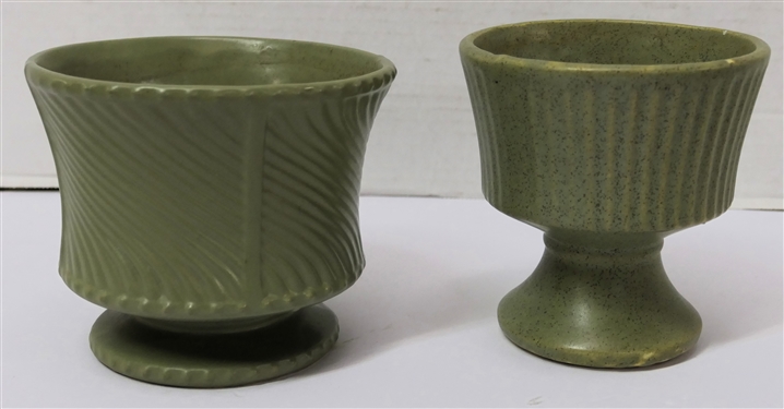 2 USA Moss Green Footed Planters - Swirl and Ribbed Designs - 4 1/4 Tall and 4 1/2 Tall 