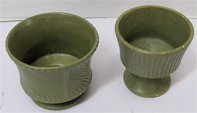2 USA Moss Green Footed Planters - Swirl and Ribbed Designs - 4 1/4 Tall and 4 1/2 Tall 