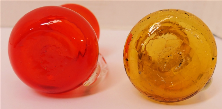 2 Hand Blown Art Glass Pitchers - Amber Crackle Glass with Clear Applied Handle and Red with Clear Applied Handle - Red Pitcher Measures 3 3/8 Tall 