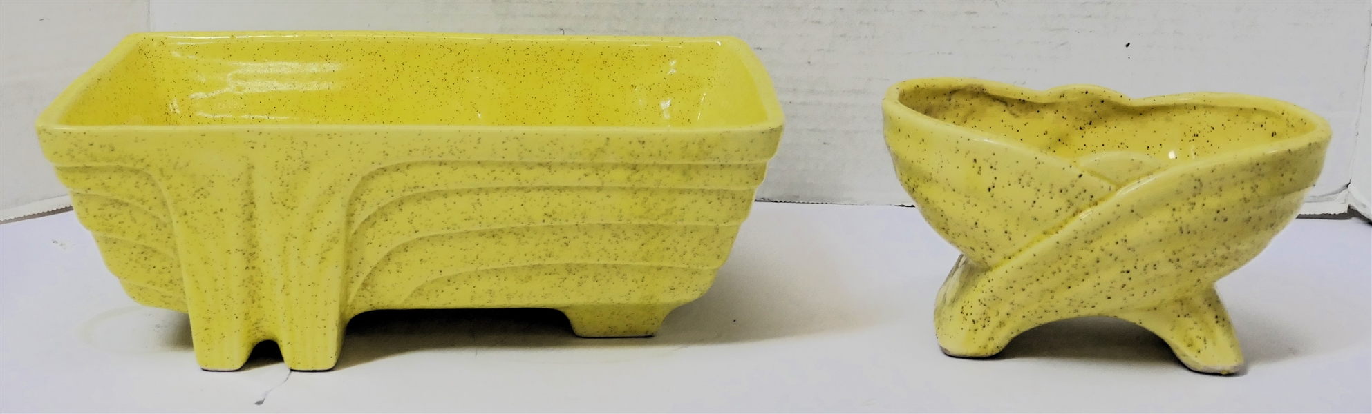 2 Mid Century Yellow Pottery Planters - Oval Measuring 3 1/2" tall 6 1/2" Long and Rectangular Measuring 3 3/4" Tall 10 1/2" Long