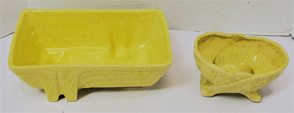 2 Mid Century Yellow Pottery Planters - Oval Measuring 3 1/2 tall 6 1/2 Long and Rectangular Measuring 3 3/4 Tall 10 1/2 Long