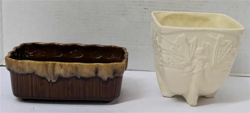 2 Planters - Brush USA J4-7 Brown Planter and White Matte Finish with Butterflies and Leaves - White Planter Measures 5 1/2 tall 5 1/2 by 5 1/2