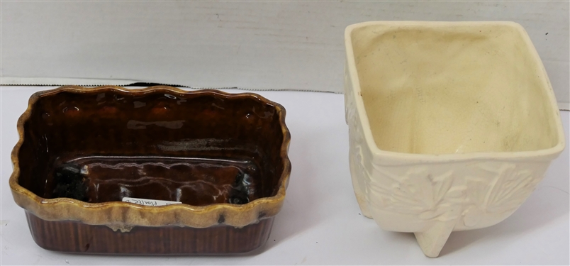 2 Planters - Brush USA J4-7 Brown Planter and White Matte Finish with Butterflies and Leaves - White Planter Measures 5 1/2 tall 5 1/2 by 5 1/2