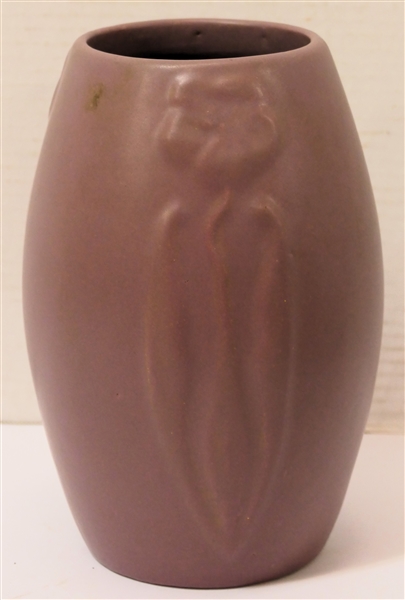 Zanesville 1930s Art Pottery Vase - Flower Decoration on 3 Sides - Matte Purple Glaze - Number 101 Incised on Bottom -Vase Measures 8 1/2" Tall