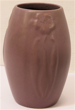 Zanesville 1930's Art Pottery Vase - Flower Decoration on 3 Sides - Matte Purple Glaze - Number 101 Incised on Bottom -Vase Measures 8 1/2 Tall