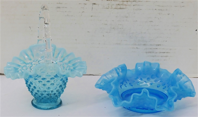2 Pieces of Blue Opalescent Fenton Hobnail -Low Ruffled Edge 5 Bowl and Glass Basket 