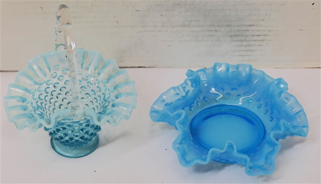 2 Pieces of Blue Opalescent Fenton Hobnail -Low Ruffled Edge 5 Bowl and Glass Basket 