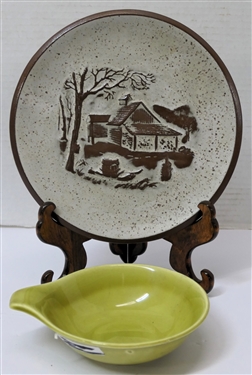 Russel Wright Green Bowl and Goss - Crafted in Vermont Plate with Cabin Scene - Plate Measures 8 Across