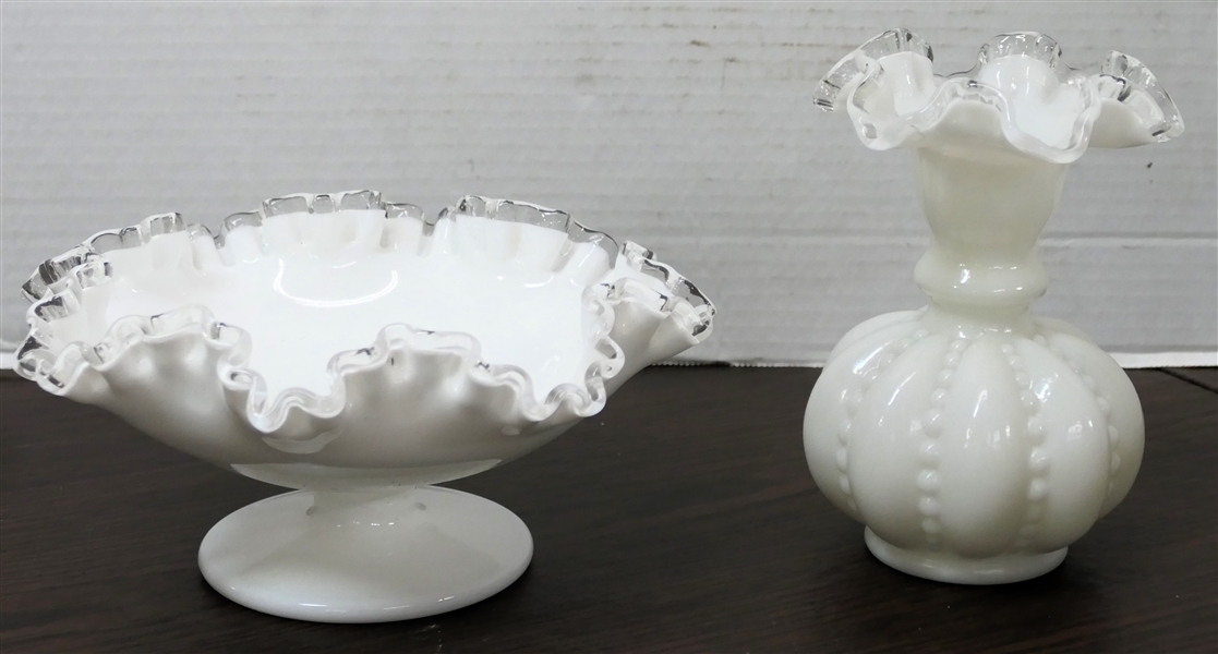 2 Pieces of Fenton Silver Crest - Footed Ruffled Edge Bowl and Ribbed and Beaded Vase - Bowl Measures 4" tall 8" Across - Vase Measures 6" tall 