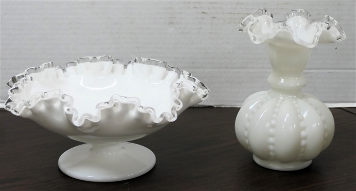 2 Pieces of Fenton Silver Crest - Footed Ruffled Edge Bowl and Ribbed and Beaded Vase - Bowl Measures 4 tall 8 Across - Vase Measures 6 tall 