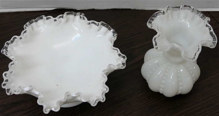 2 Pieces of Fenton Silver Crest - Footed Ruffled Edge Bowl and Ribbed and Beaded Vase - Bowl Measures 4 tall 8 Across - Vase Measures 6 tall 