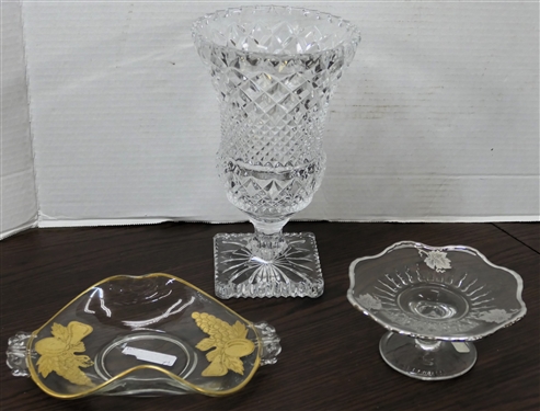 Silver Overlay Footed Dish, Dish with Gold Embossed Fruit and Pretty Crystal Vase - Vase Measures 9 1/4 tall, Fruit Dish Measures 8 1/2 Handle to Handle 