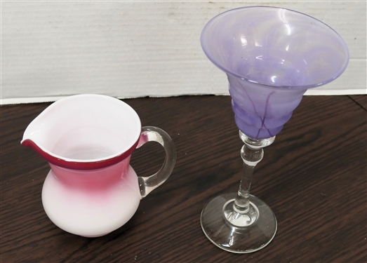 2 Pieces of Art Glass - Lavender Goblet with Clear Stem and Cranberry Case Glass Cream Pitcher - Pitcher Measures 4 1/2 Tall 