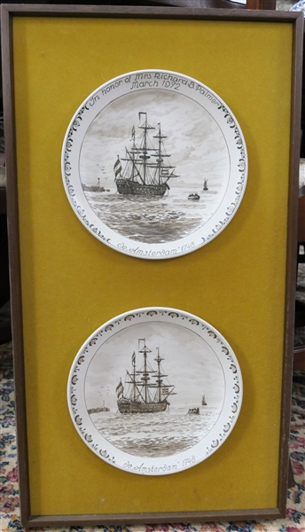 2- Delft Ware "Amsterdam 1748" Sailing Ship Plates - White with Brown Decoration - Nicely Displayed in Frame with Gold Velvet Backing - Original Delfts Information on Back - Plates Measure 9 1/4"...