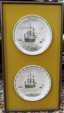 2- Delft Ware Amsterdam 1748 Sailing Ship Plates - White with Brown Decoration - Nicely Displayed in Frame with Gold Velvet Backing - Original Delfts Information on Back - Plates Measure 9 1/4...