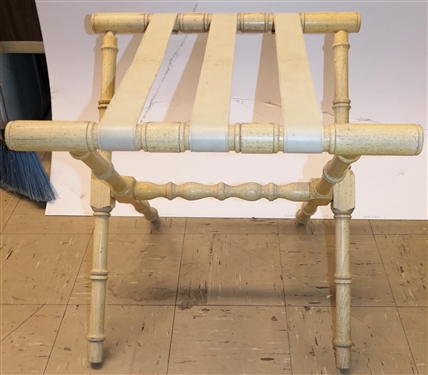 Vintage Off White Painted Bamboo Style Folding Luggage Rack - Cream Vinyl Straps