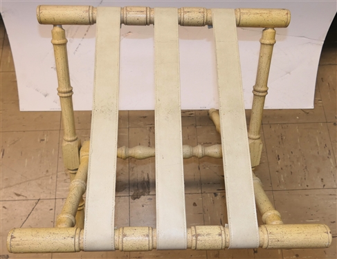 Vintage Off White Painted Bamboo Style Folding Luggage Rack - Cream Vinyl Straps