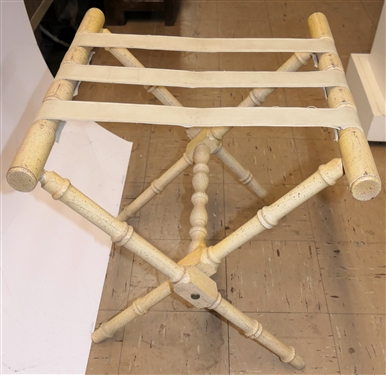 Vintage Off White Painted Bamboo Style Folding Luggage Rack - Cream Vinyl Straps
