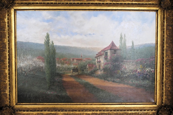 Beautiful Donny Finley Painting of Horse and Carriage with Stone Houses and Beautiful Flowers in Outstanding Large Gold Gilt Frame - Artist Signed in Lower Left Corner - Donny Finley Alabama Artist...