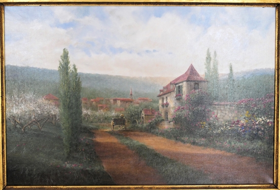 Beautiful Donny Finley Painting of Horse and Carriage with Stone Houses and Beautiful Flowers in Outstanding Large Gold Gilt Frame - Artist Signed in Lower Left Corner - Donny Finley Alabama Artist...