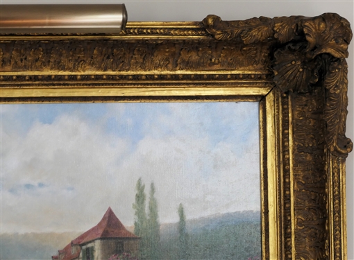 Beautiful Donny Finley Painting of Horse and Carriage with Stone Houses and Beautiful Flowers in Outstanding Large Gold Gilt Frame - Artist Signed in Lower Left Corner - Donny Finley Alabama Artist...