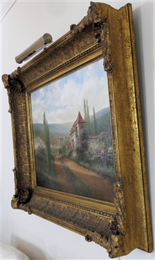 Beautiful Donny Finley Painting of Horse and Carriage with Stone Houses and Beautiful Flowers in Outstanding Large Gold Gilt Frame - Artist Signed in Lower Left Corner - Donny Finley Alabama Artist...