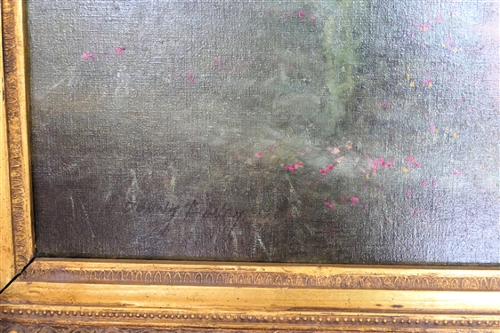 Beautiful Donny Finley Painting of Horse and Carriage with Stone Houses and Beautiful Flowers in Outstanding Large Gold Gilt Frame - Artist Signed in Lower Left Corner - Donny Finley Alabama Artist...