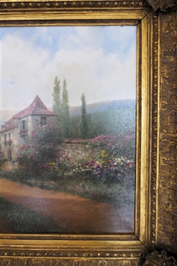 Beautiful Donny Finley Painting of Horse and Carriage with Stone Houses and Beautiful Flowers in Outstanding Large Gold Gilt Frame - Artist Signed in Lower Left Corner - Donny Finley Alabama Artist...