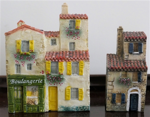 2 - J. Carlton by Dominique Gault Hand Painted Resin Houses - Boulangerie Number 210257 and Stone Building Number 210266 - Largest Measures 3 5/8 Tall 2 3/4 Across