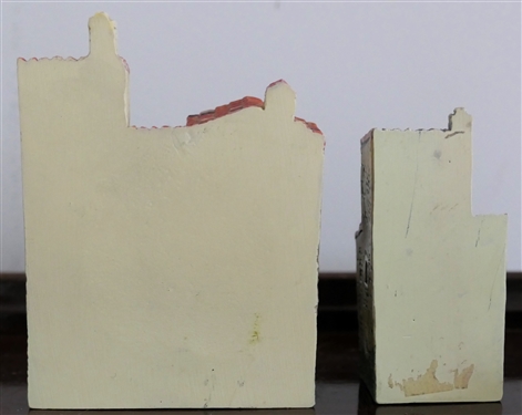 2 - J. Carlton by Dominique Gault Hand Painted Resin Houses - Boulangerie Number 210257 and Stone Building Number 210266 - Largest Measures 3 5/8 Tall 2 3/4 Across