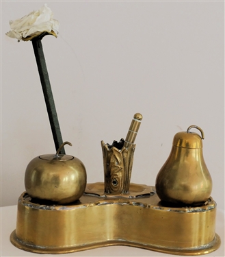 Ruby Ansley Interiors Brass Desk Piece with Brass Fruit Jars, Brass Bar, and Rose Pen - Brass Inkwell Piece Measures 6 3/4 Long 