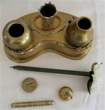 Ruby Ansley Interiors Brass Desk Piece with Brass Fruit Jars, Brass Bar, and Rose Pen - Brass Inkwell Piece Measures 6 3/4 Long 