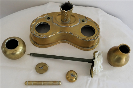 Ruby Ansley Interiors Brass Desk Piece with Brass Fruit Jars, Brass Bar, and Rose Pen - Brass Inkwell Piece Measures 6 3/4 Long 